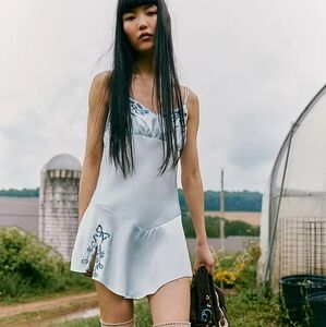 Nwt Flower Embroidered Free people Light Blue Morning Kiss Mini Slip S